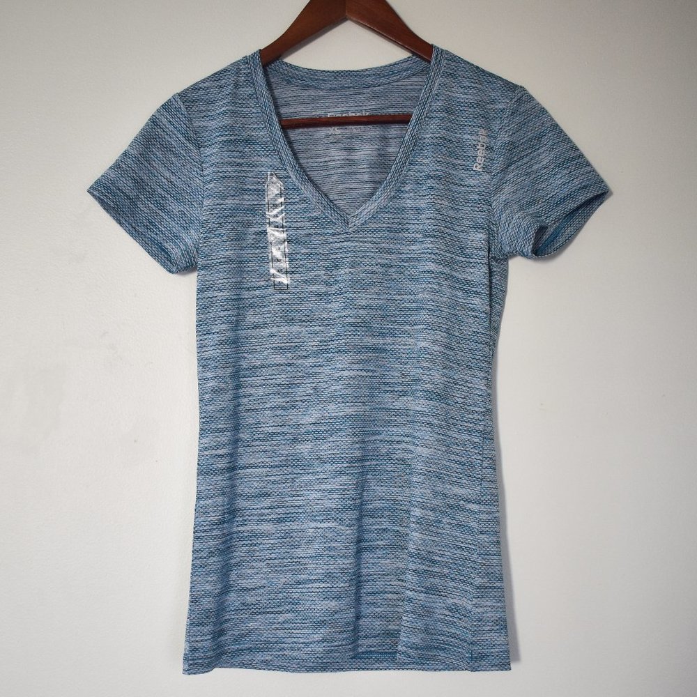Reebok marled blue & white speedwick v-neck short sleeve shirt size XS